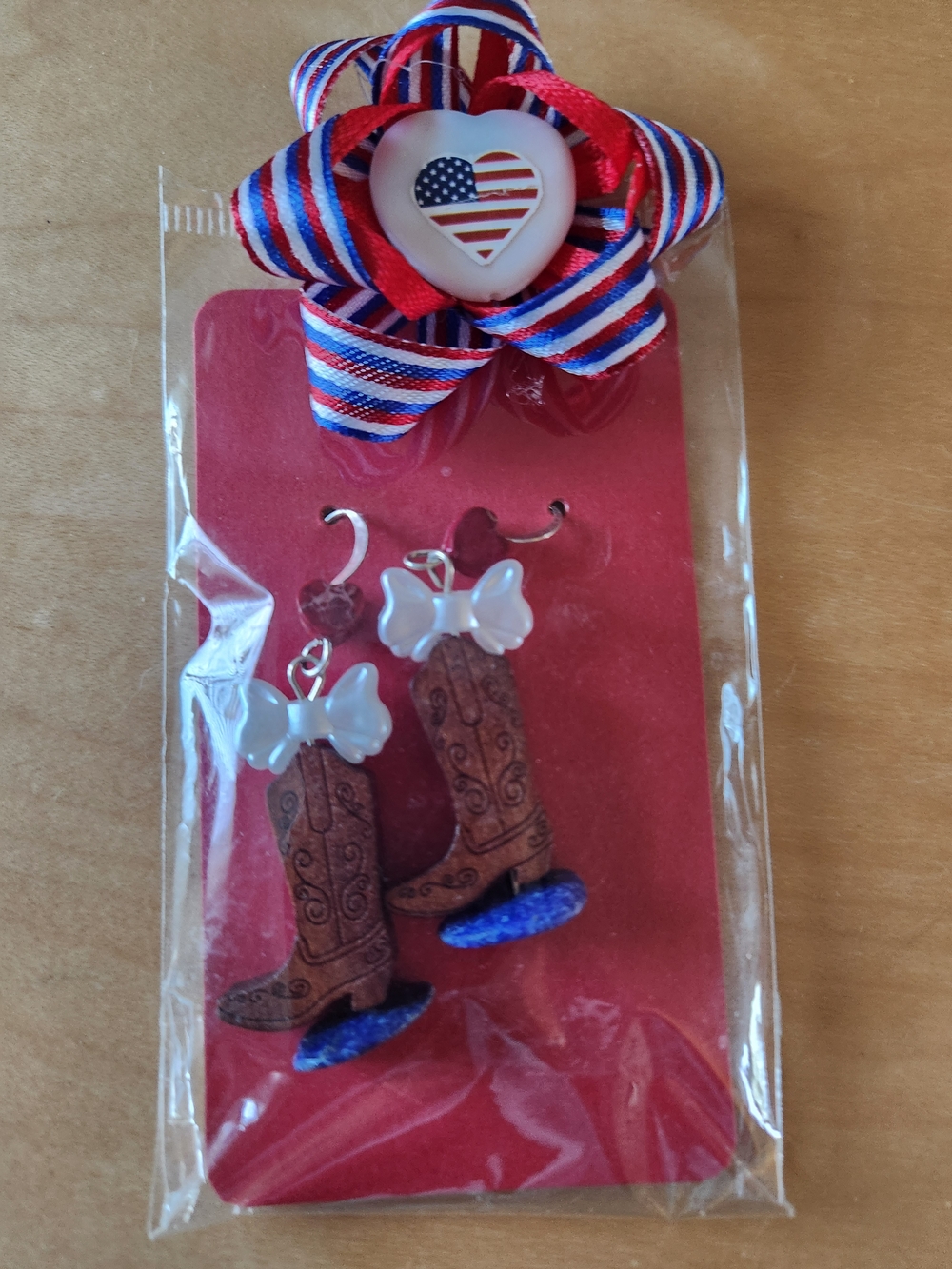 Patriotic Red White Blue Cowboy Boot Dangle Earrings